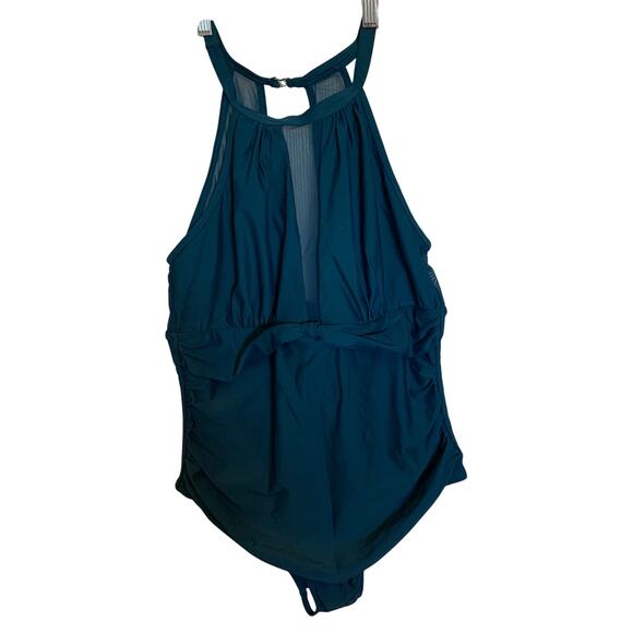 Tempt Me high neck plunge mesh ruched one piece swim suit blue - Picture 1 of 8